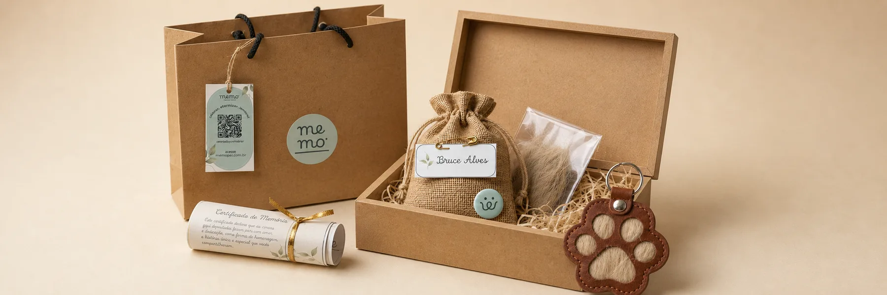 Kit memorial do MEMO com urna, certificado de memória e chaveiro de pata